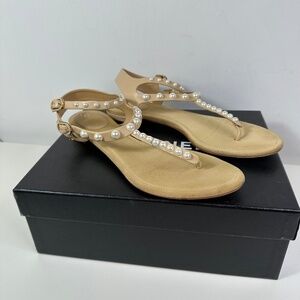 CHANEL Faux Pearl Thong Flat Beige Sandal Women's Size 39 1/2 With Box